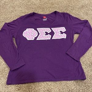 Long Sleeve Tee Shirt with Purple Roses Double Stitched Letters Phi Sigma Sigma